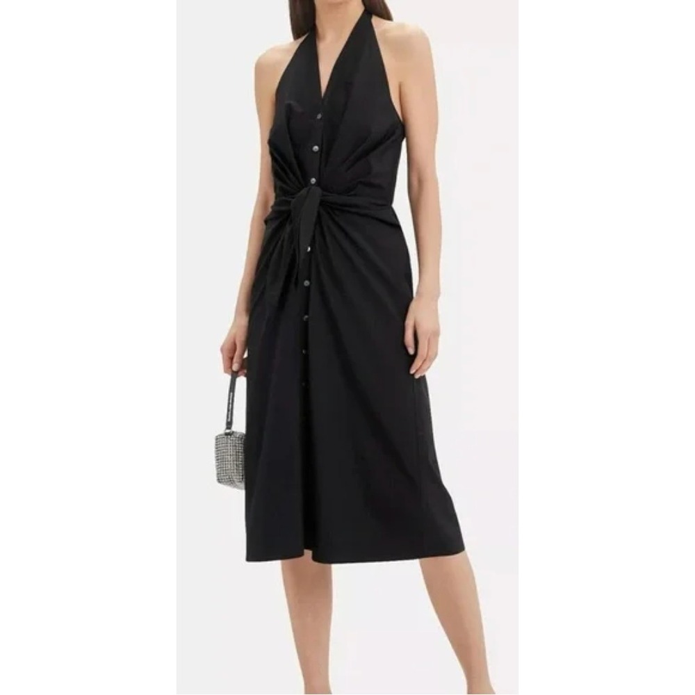 Veronica Beard Black Halter Knot-Front Midi Dress with Button Detail